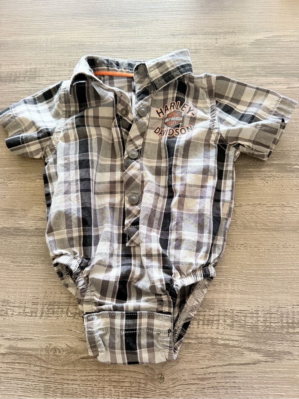 Harley-Davidson Baby Plaid Collared Short Sleeve Snap Bodysuit 3-6M Gray